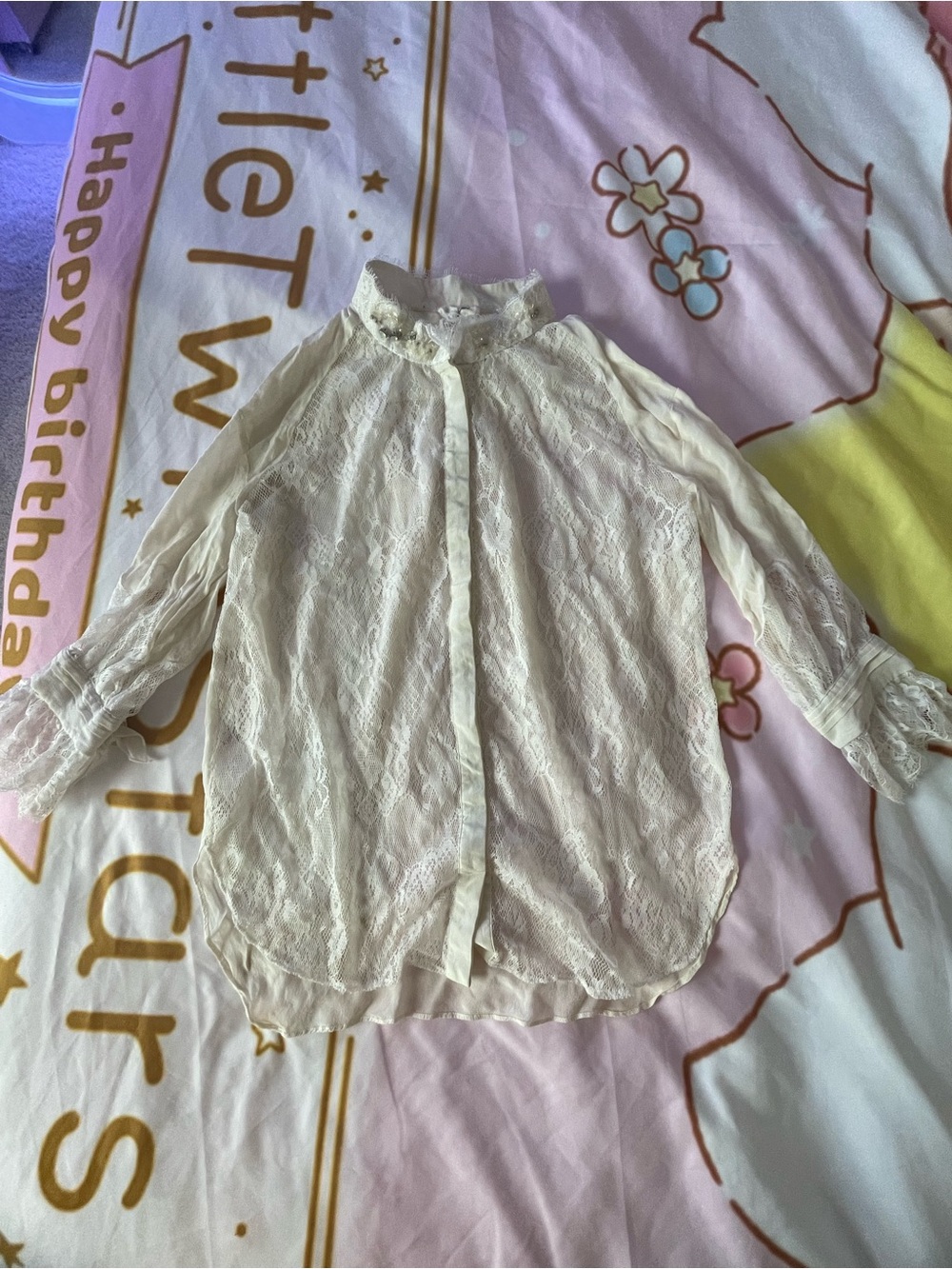 Sheer Lace Button-Down Blouse in Cream
